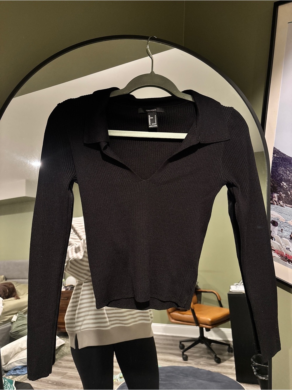 Forever 21 Black Ribbed V-Neck Long Sleeve Top
